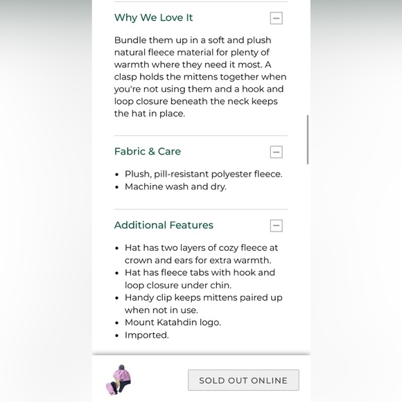 L.L. Bean Infant Lilac Fleece Hat and Mittens - Picture 3 of 3